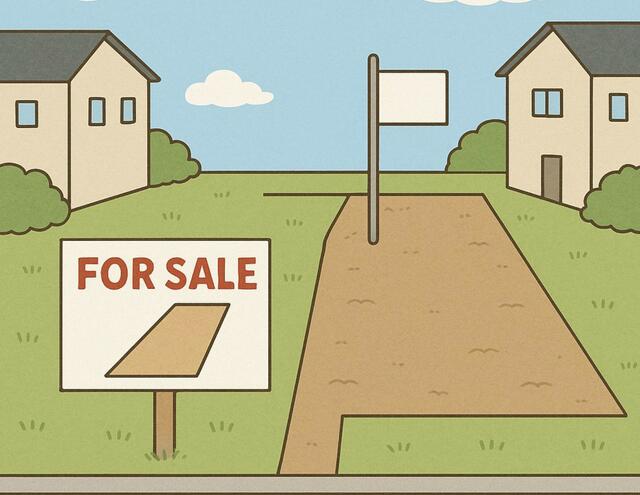 区画図／隣家と左右対称の旗竿地なので入り口は４ｍ重機　入れます。　隣