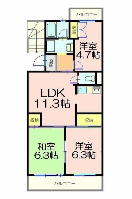 間取り図／【間取り】　和室：６．３帖，洋室：６．３帖・４．７帖，ＬＤＫ