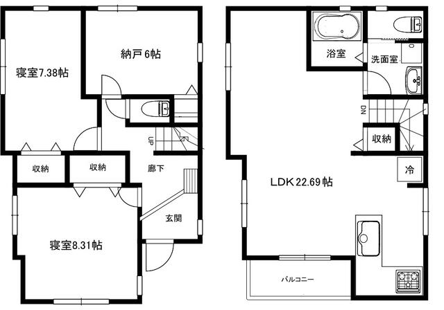 ＬＤＫ２２．６帖。寝室８．３帖。