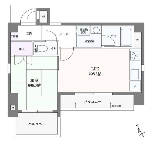 間取り図／日当たりの良い南西向きバルコニー。バルコニー先に高い建物もな
