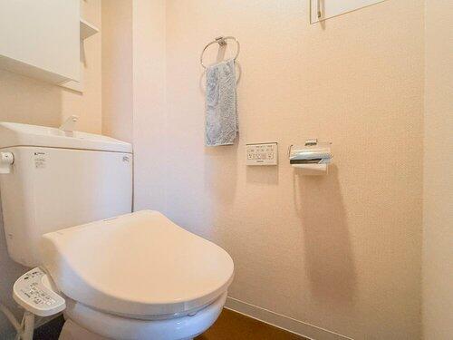トイレ／ウォシュレット付きのトイレで、快適な使い心地。収納も備え付け