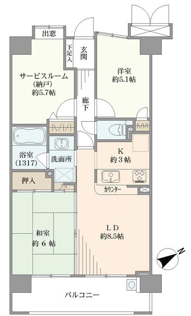 間取り図／専有面積：６１．０２平米、バルコニー面積：９．７８平米、２Ｓ