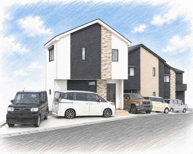現地（外観）／完成予想パース（実物とは多少異なる場合があります）　手前から