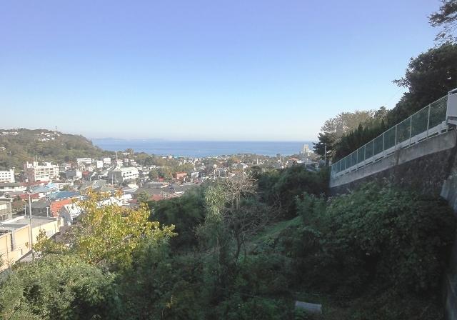 現地土地／敷地と海眺望。傾斜と平坦部分のある地形です。