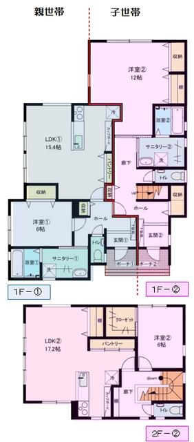 ブルーゾーン：親世帯／ピンクゾーン：子世帯