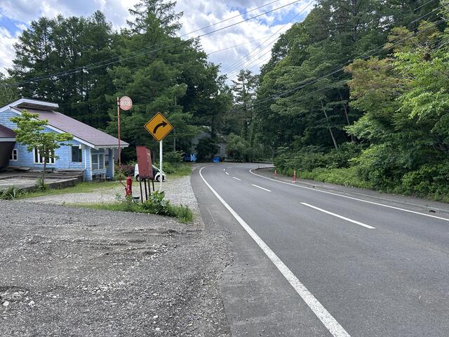 現地（外観）／接道部分写真（ブルーの建物はペンション）