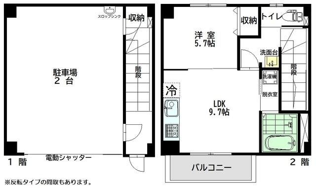 間取り図／新築１ＬＤＫ　１階にガレージ（２台）　２階が居住スペースとな