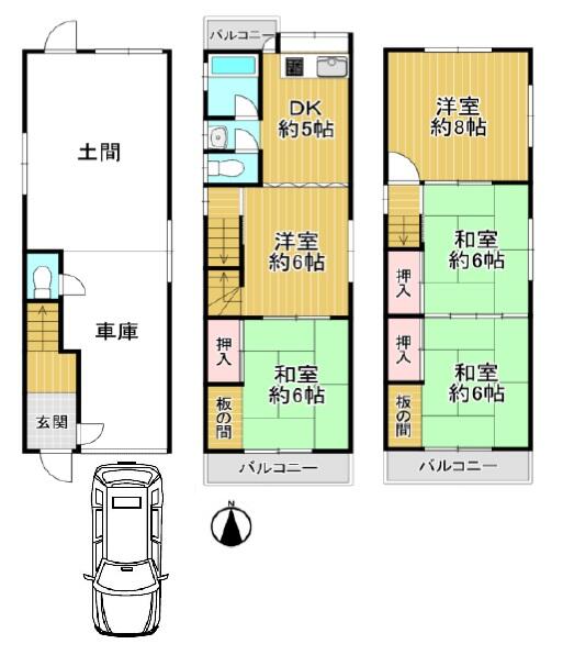 鉄骨造３階建ガレージ付き広々５ＤＫ。