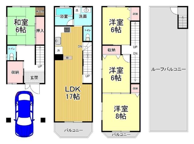 ２００２年（平成１４年）９月建築の鉄骨造３階建。ガレージ付き