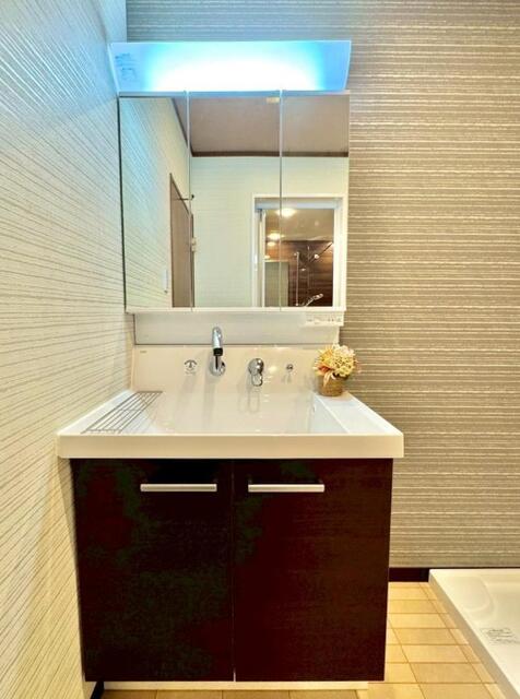 洗面台・洗面所／３面鏡付きのシャンプードレッサー新調しました。洗濯機置き場も