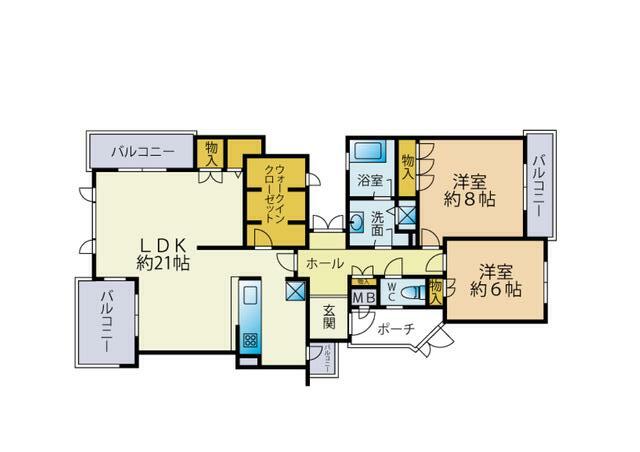間取り図／リビングなどのパブリック空間と寝室などのプライベート空間とを