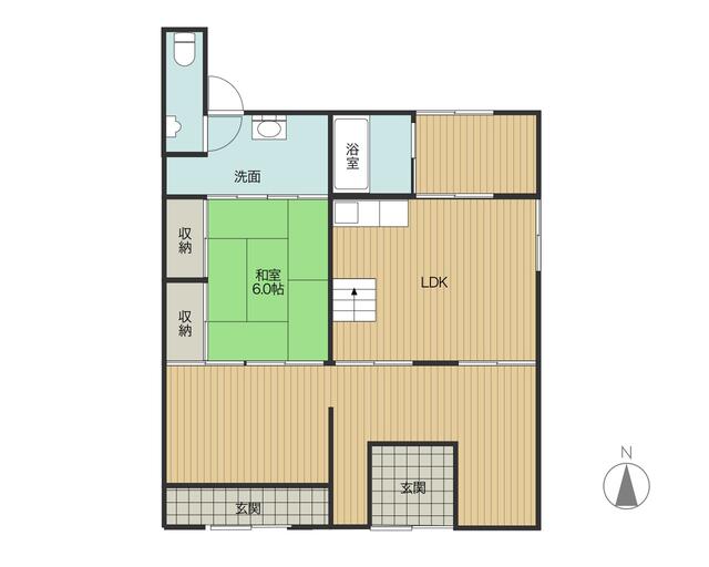 １階間取りです。お店をしていた名残りで玄関が２箇所あります。