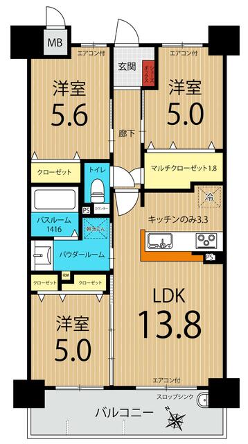 間取り図／美しいお部屋♪癒される眺望♪築１年弱の上階３ＬＤＫの間取りで