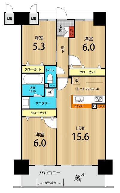 間取り図／築浅上階３ＬＤＫの間取りです♪人気カウンターキッチン、各部屋