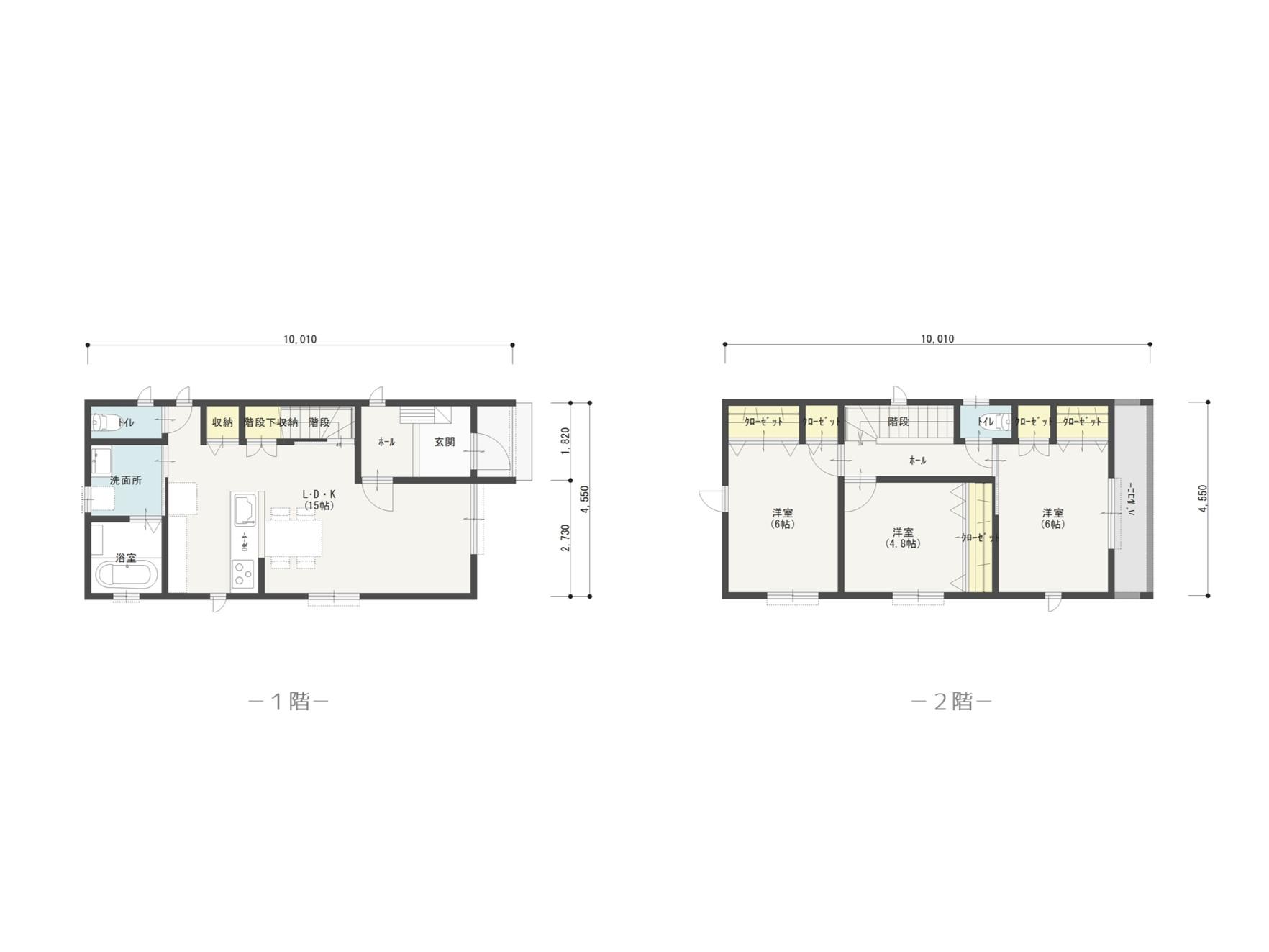 間取り図／共用部分は１階、プライベート空間は２階と分けた間取りです。